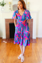 Haptics Remember Me Blue & Fuchsia Geo Print V Neck Dress