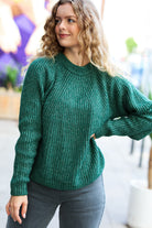 Zenana Holiday Green Mélange Round Neck Knit Sweater Zenana