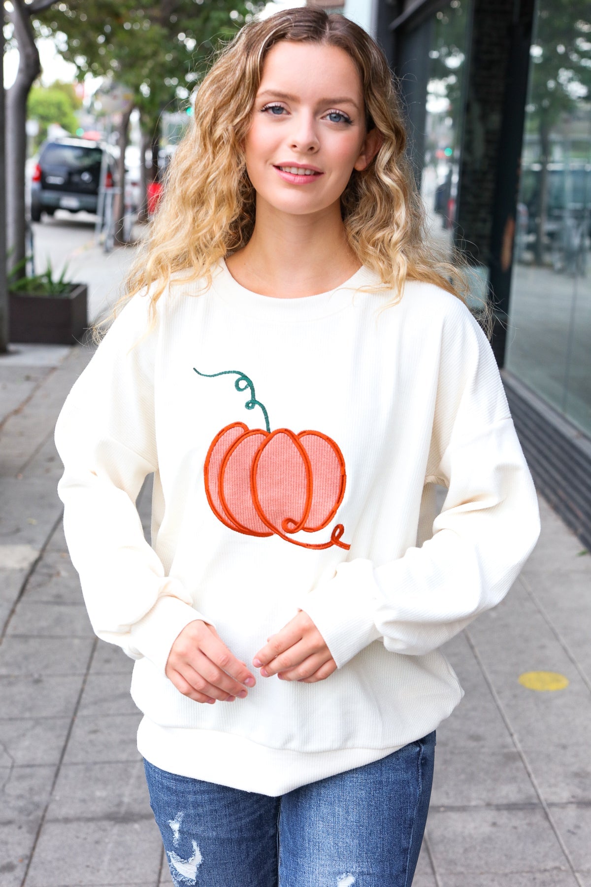 Haptics Lovely Ivory Embroidered Pumpkin Knit Sweater Haptics