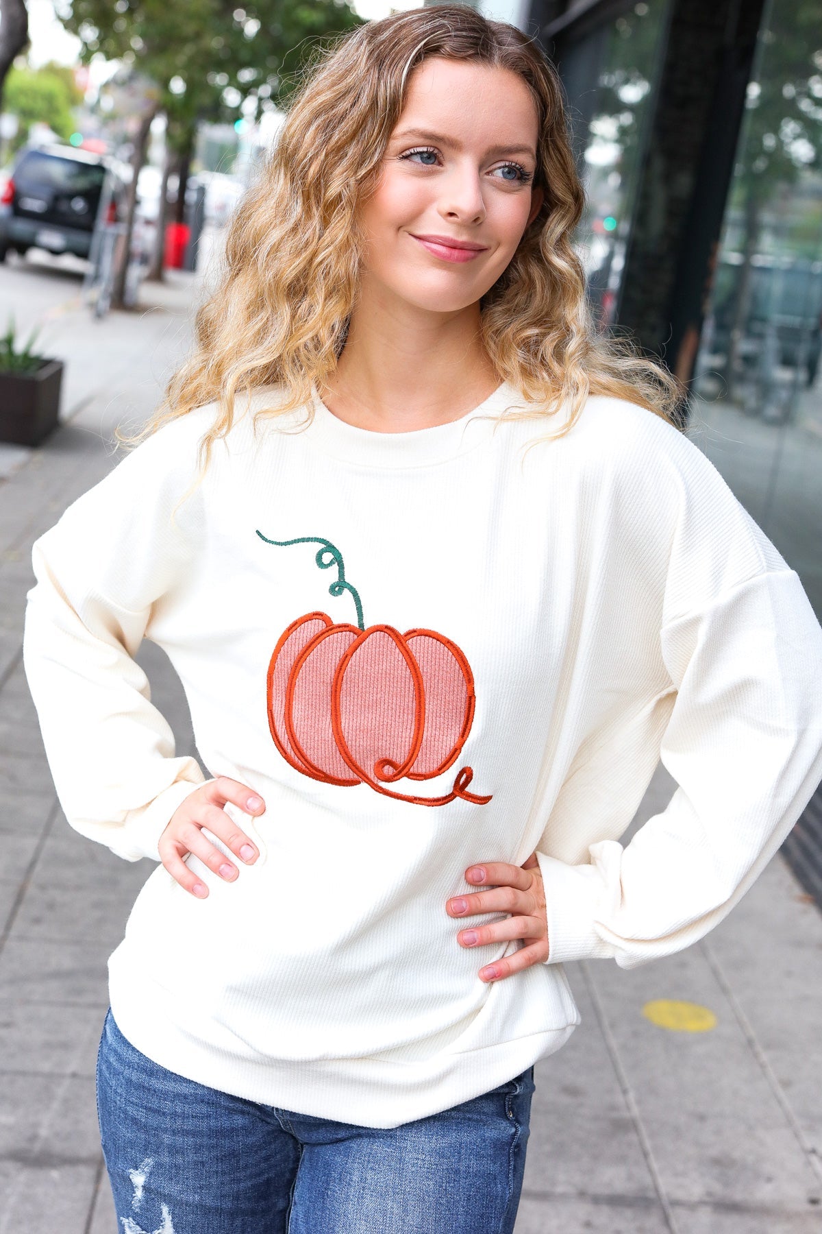 Haptics Lovely Ivory Embroidered Pumpkin Knit Sweater Haptics