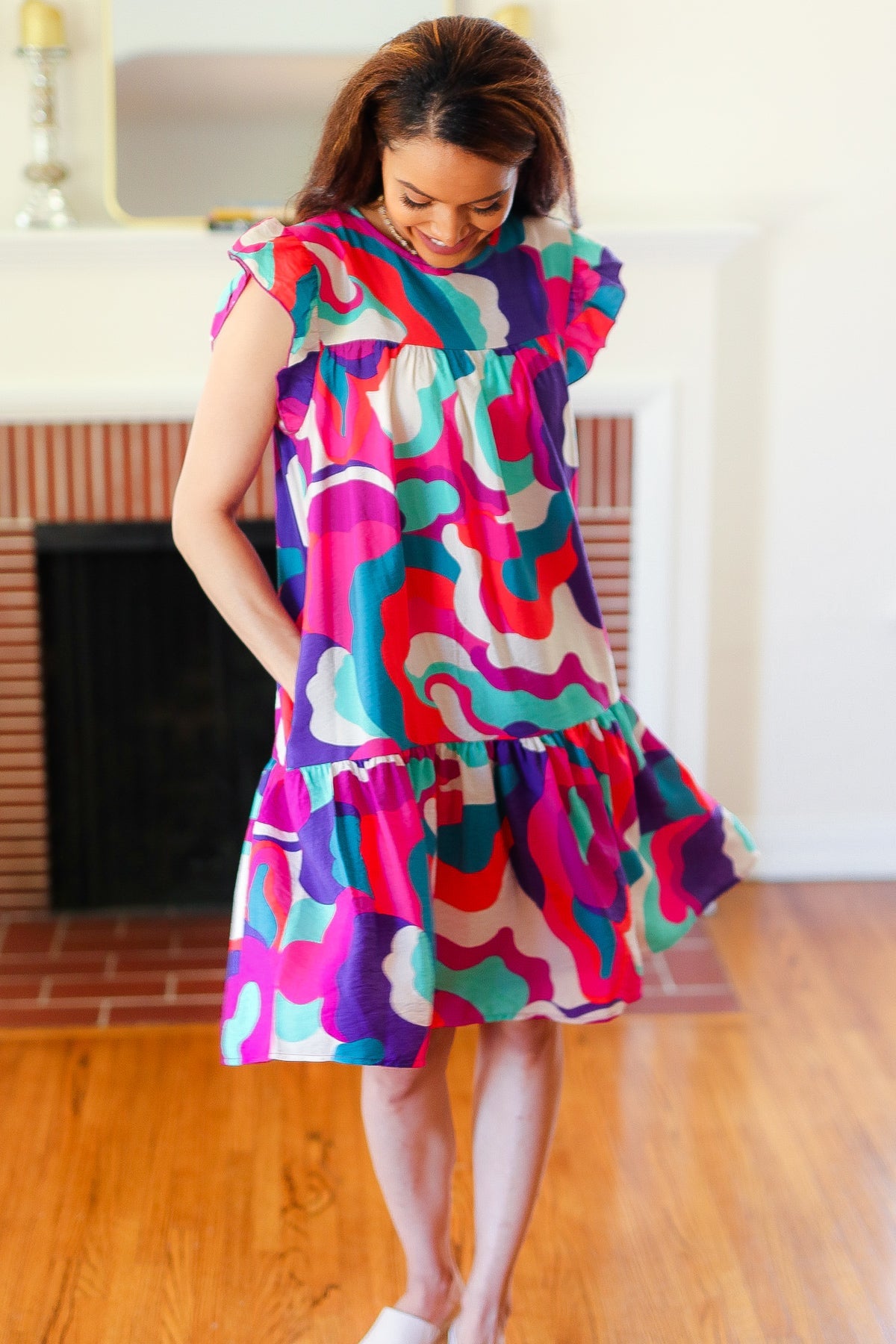 Haptics Go For Fun Fuchsia Geo Print Tiered Ruffle Sleeve Woven Dress
