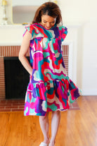 Haptics Go For Fun Fuchsia Geo Print Tiered Ruffle Sleeve Woven Dress