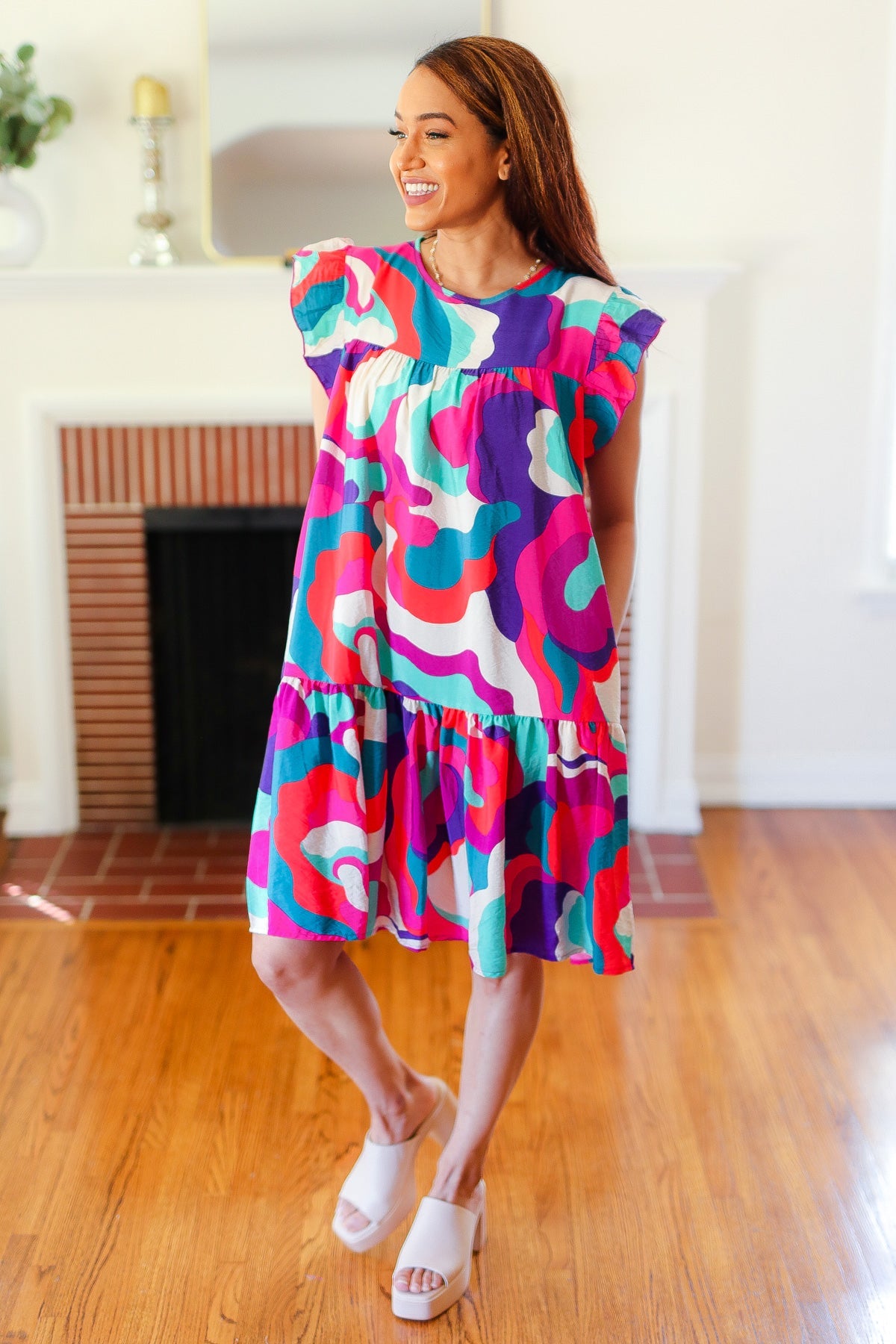 Haptics Go For Fun Fuchsia Geo Print Tiered Ruffle Sleeve Woven Dress
