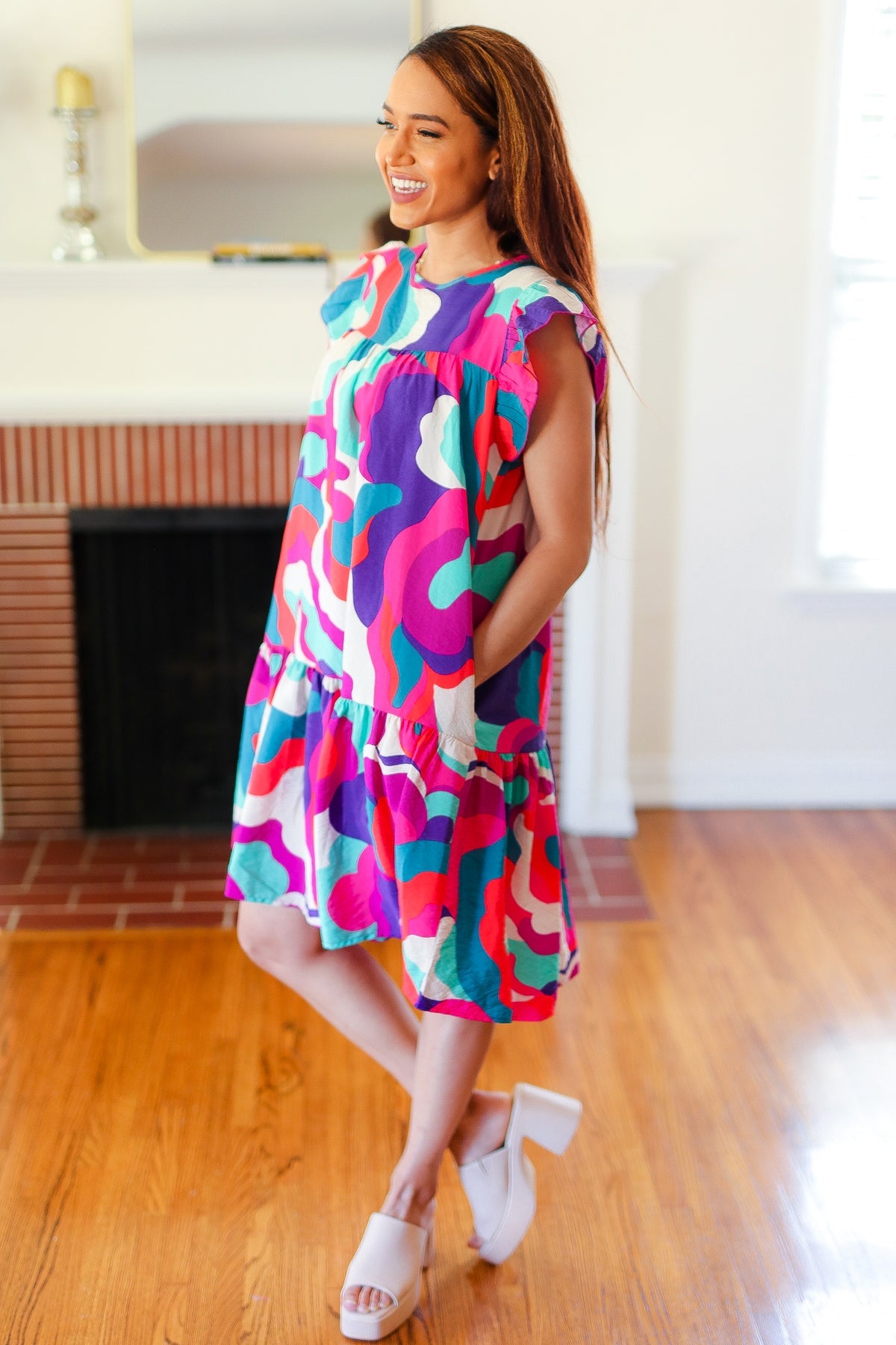 Haptics Go For Fun Fuchsia Geo Print Tiered Ruffle Sleeve Woven Dress