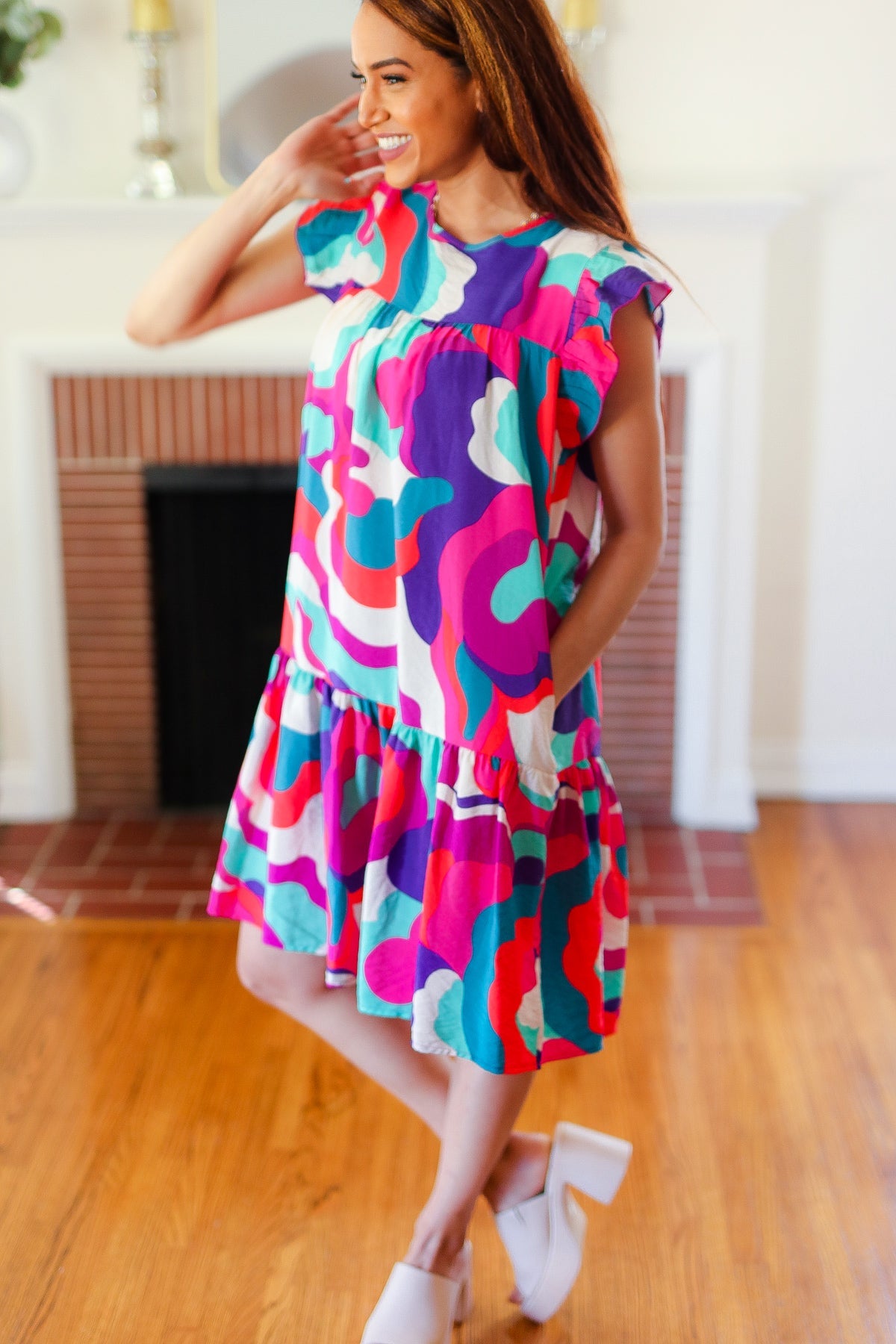 Haptics Go For Fun Fuchsia Geo Print Tiered Ruffle Sleeve Woven Dress