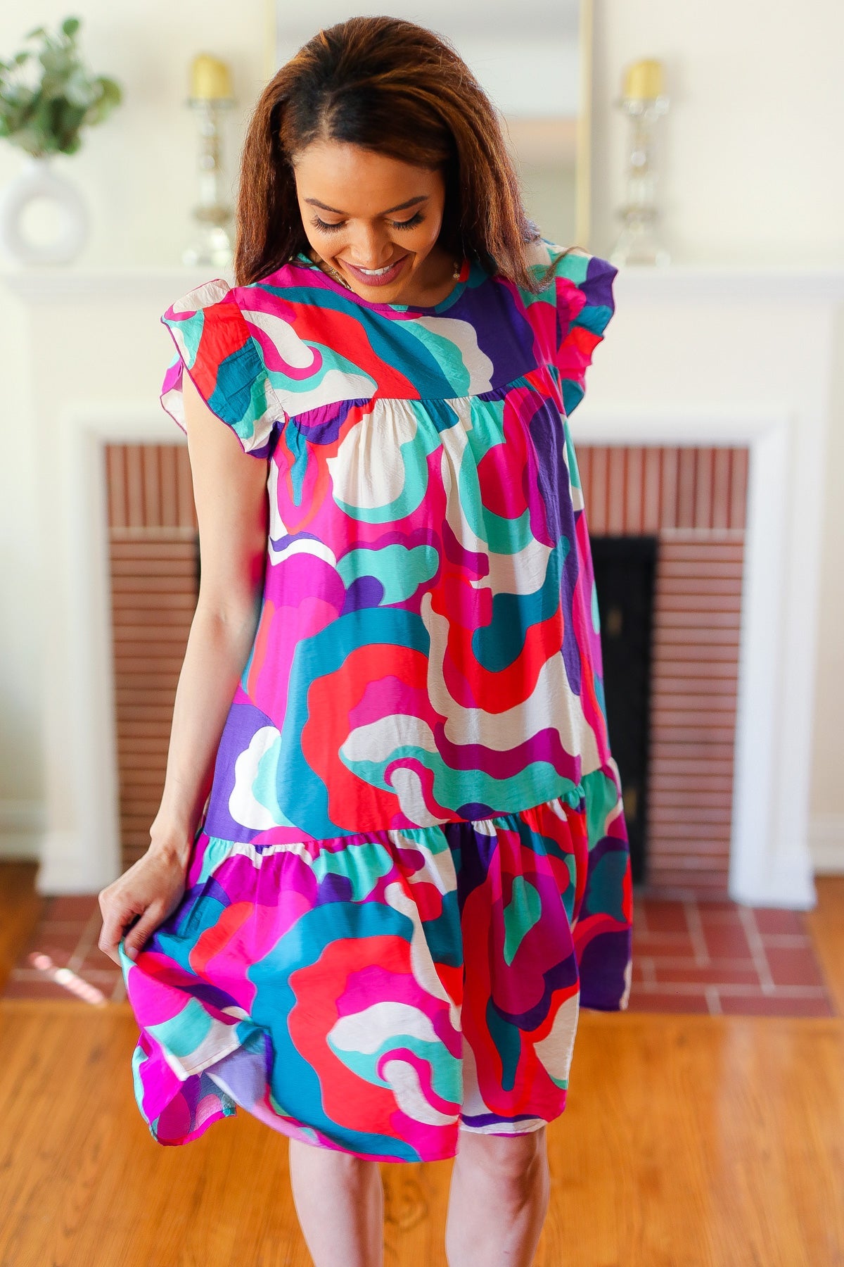 Haptics Go For Fun Fuchsia Geo Print Tiered Ruffle Sleeve Woven Dress