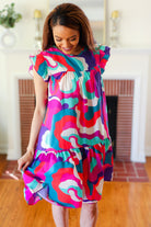 Haptics Go For Fun Fuchsia Geo Print Tiered Ruffle Sleeve Woven Dress