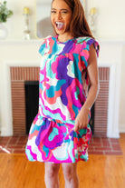 Haptics Go For Fun Fuchsia Geo Print Tiered Ruffle Sleeve Woven Dress