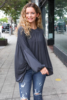 Haptics Casual Chic Charcoal V Neck Yoke Modal Knit Top Haptics