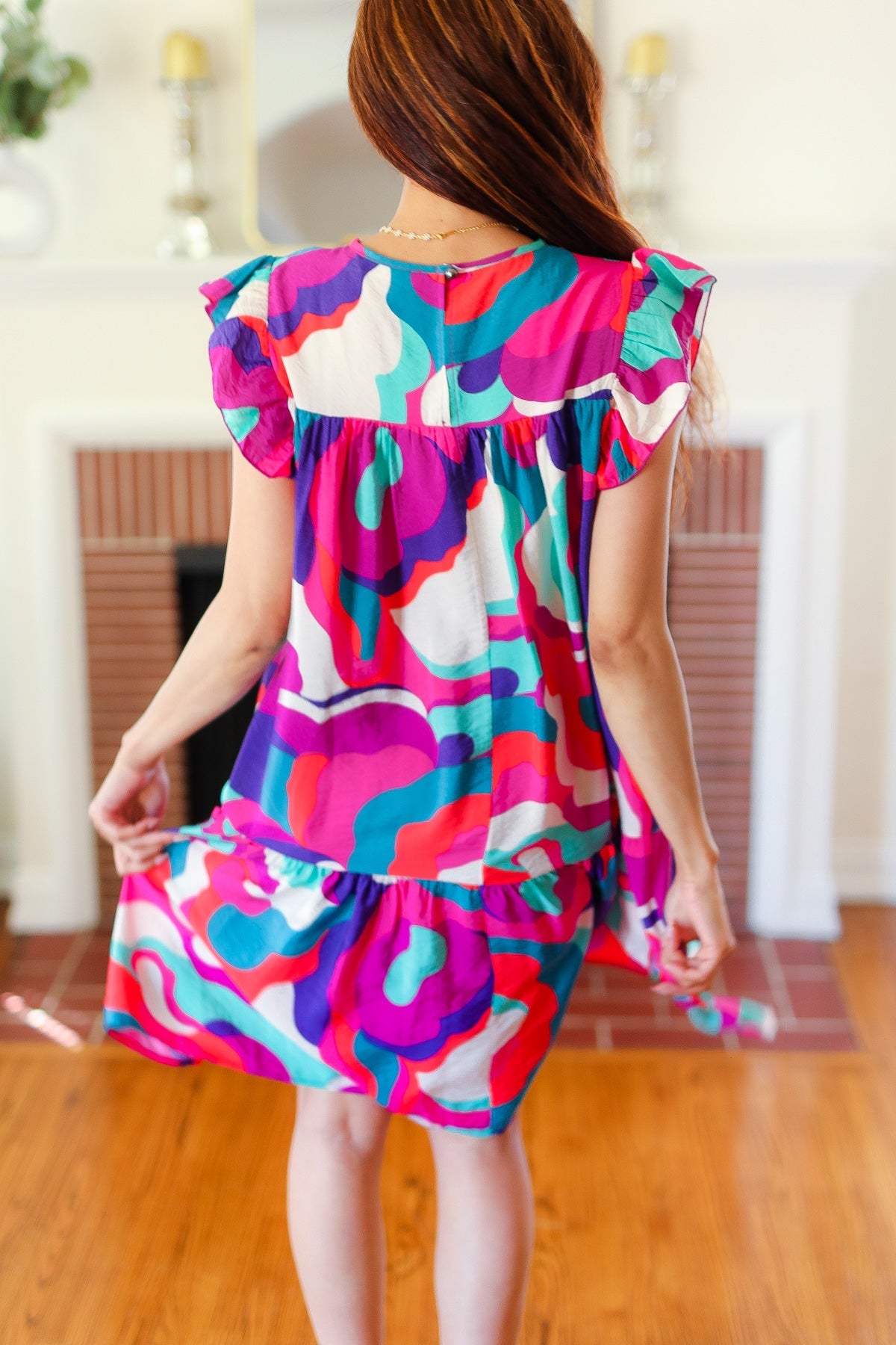 Haptics Go For Fun Fuchsia Geo Print Tiered Ruffle Sleeve Woven Dress
