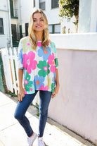 Hopely Stand Out Ivory Multicolor Big Floral Waffle Knit Top