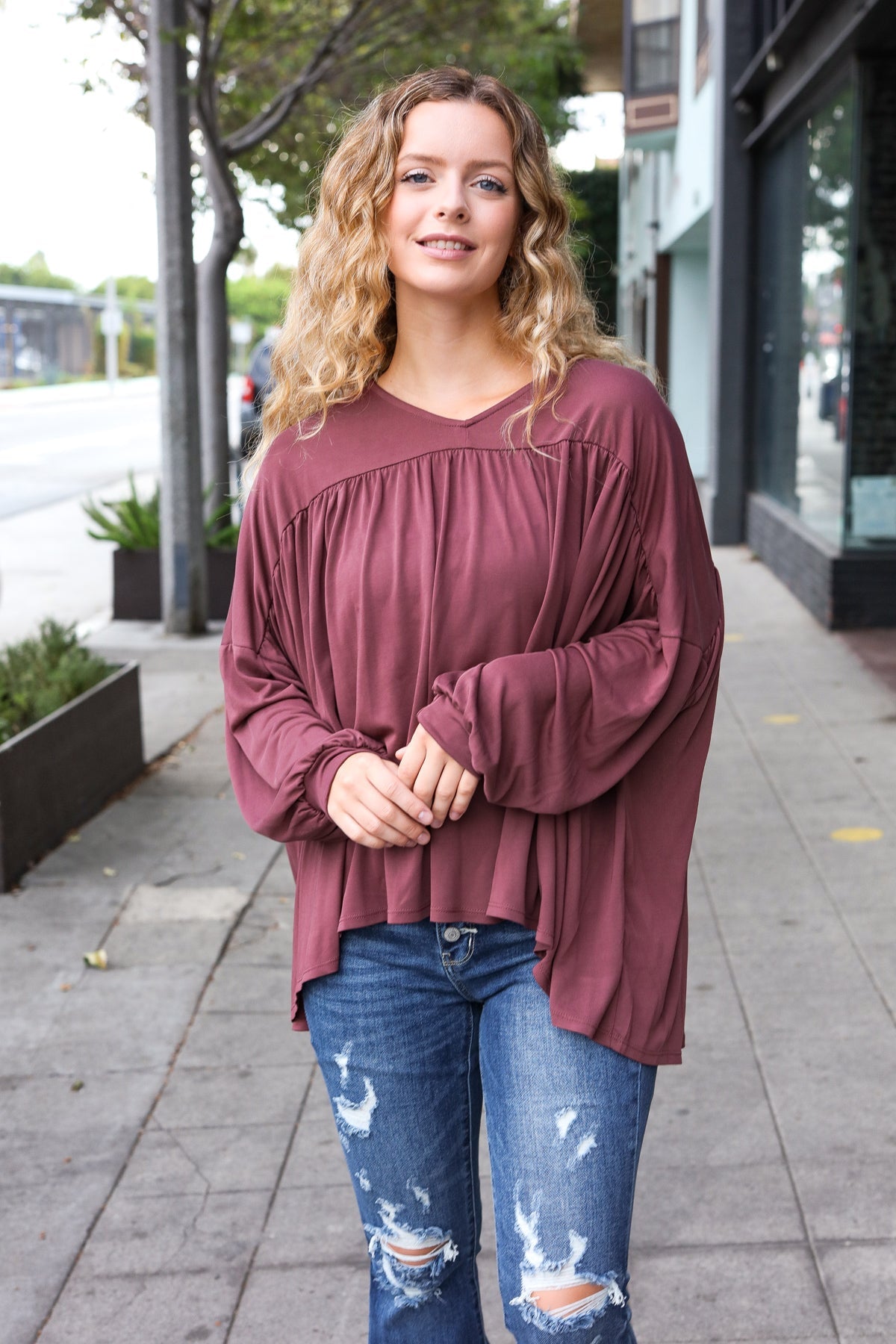 Haptics Casual Chic Wine V Neck Yoke Modal Knit Oversized Top Haptics