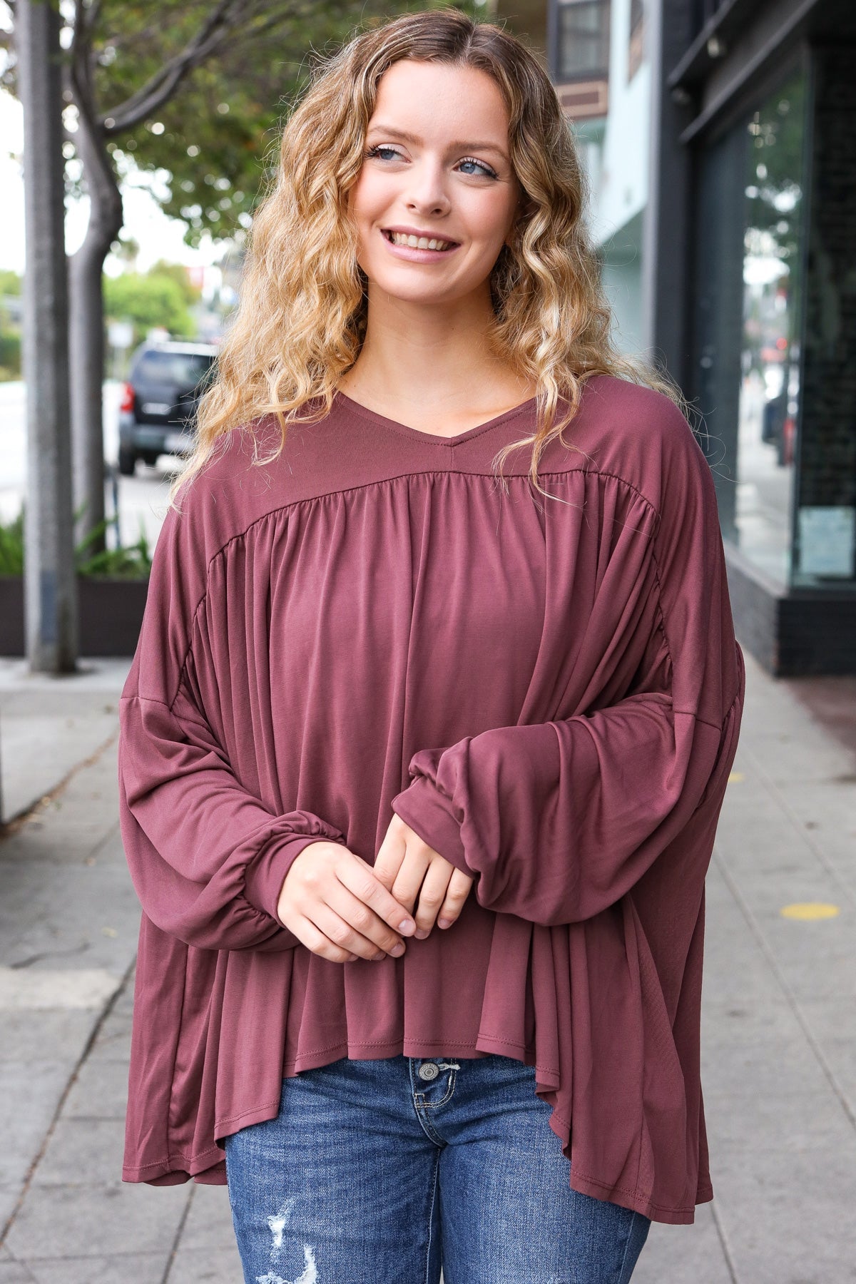 Haptics Casual Chic Wine V Neck Yoke Modal Knit Oversized Top Shirts & Tops