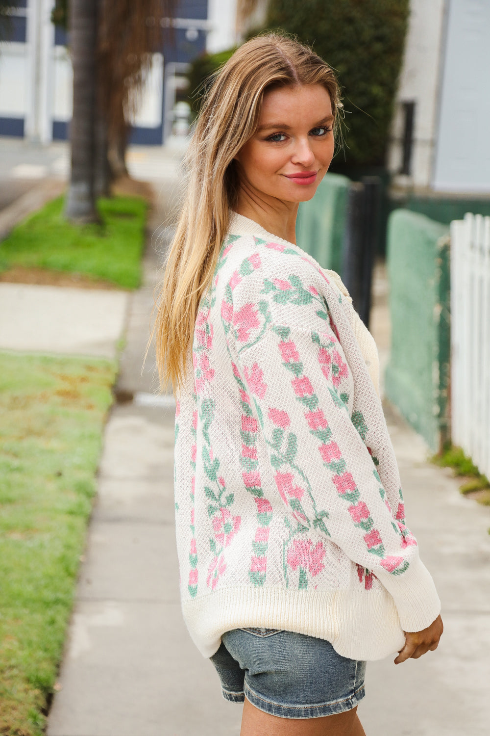 Haptics Ivory Jacquard Vertical Floral Button Down Cardigan