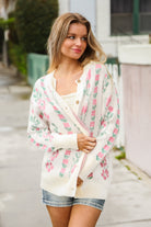 Haptics Ivory Jacquard Vertical Floral Button Down Cardigan