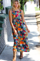 Haptics Teal & Maroon Flat Floral Fit and Flare Sleeveless Maxi Dress