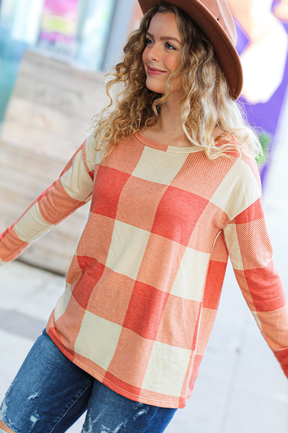 Haptics Rust Checker Plaid French Terry Top Haptics