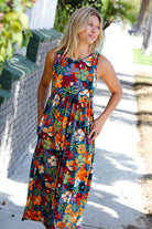 Haptics Teal & Maroon Flat Floral Fit and Flare Sleeveless Maxi Dress