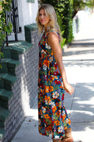 Haptics Teal & Maroon Flat Floral Fit and Flare Sleeveless Maxi Dress