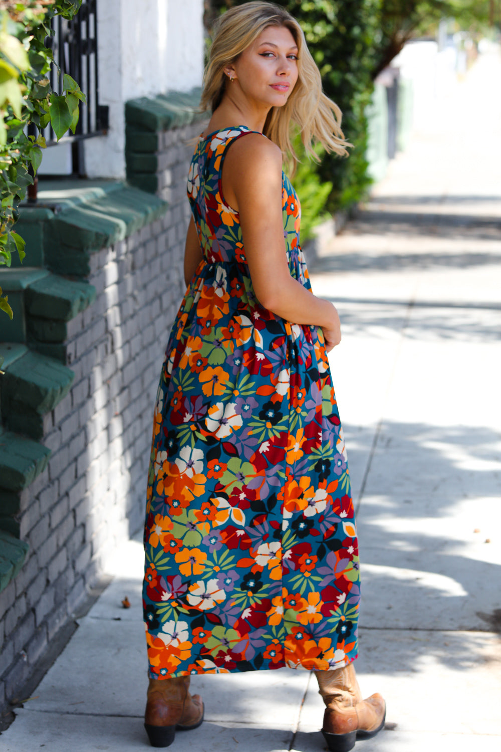 Haptics Teal & Maroon Flat Floral Fit and Flare Sleeveless Maxi Dress