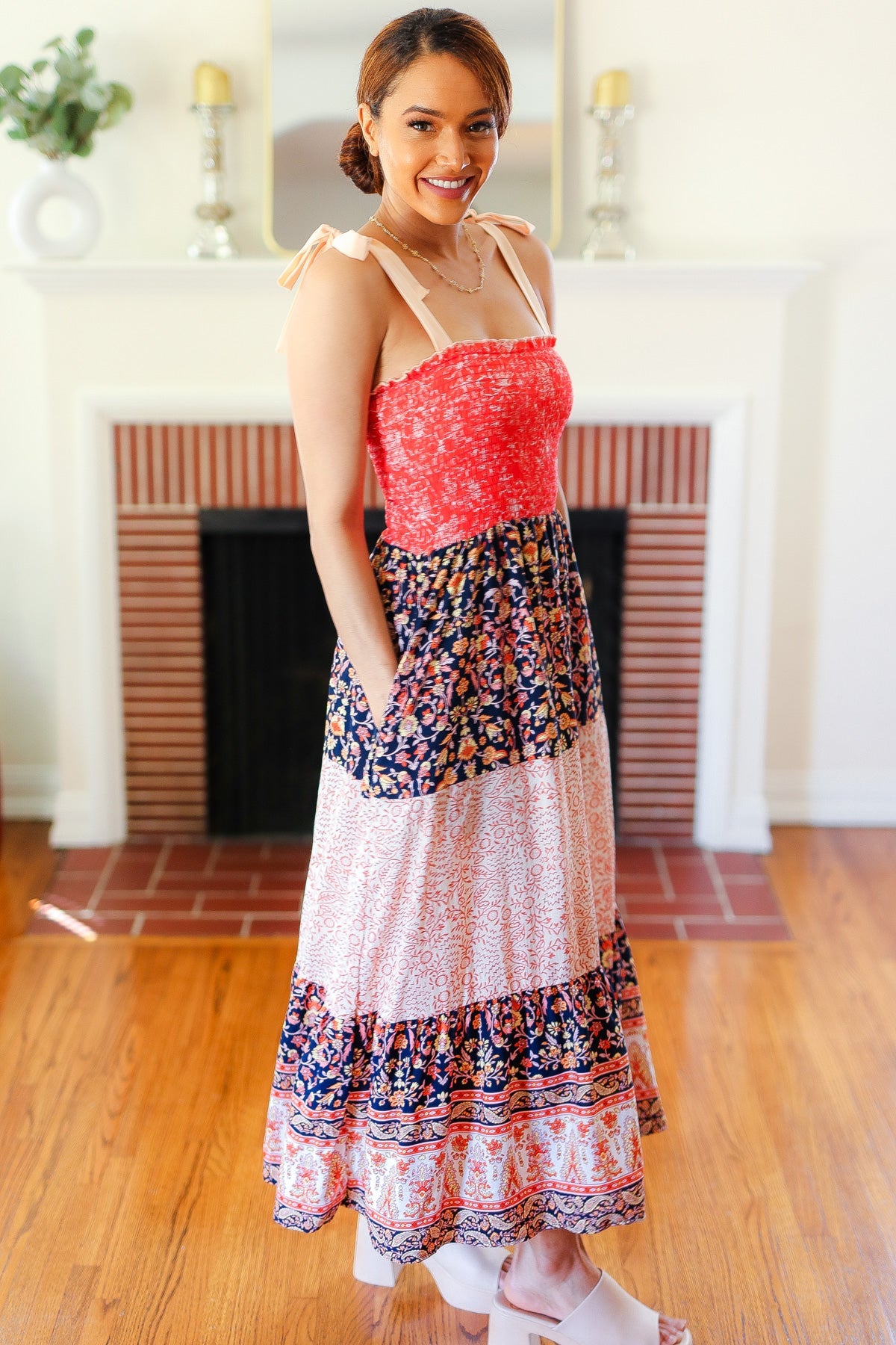 Haptics Vacay Vibes Orange Floral Smocked Tube Top Tiered Maxi Dress 07-01-25 Summer Sale