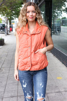 Haptics Weekend Ready Rust High Neck Snap Button Quilted Puffer Vest