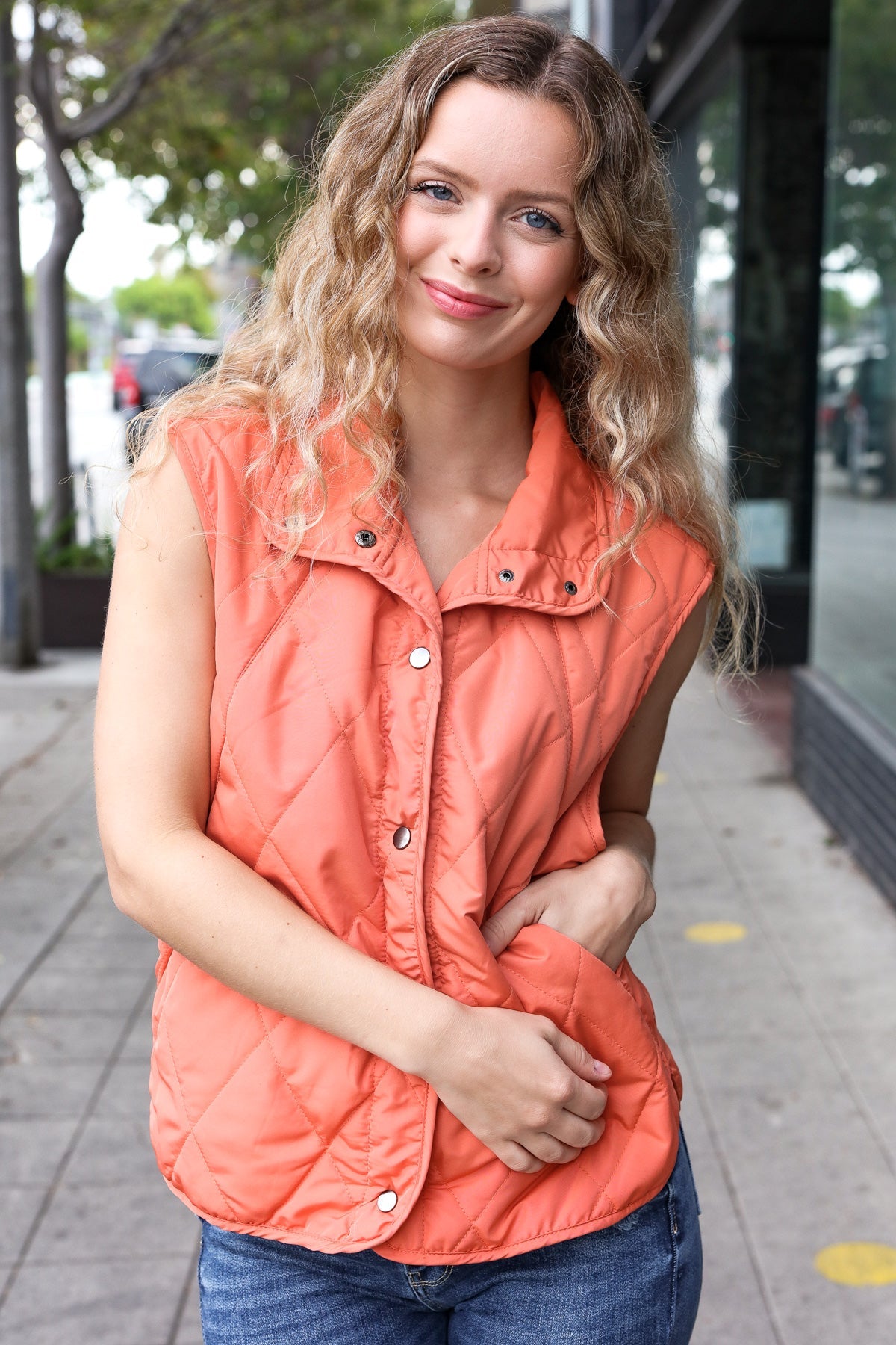 Haptics Weekend Ready Rust High Neck Snap Button Quilted Puffer Vest