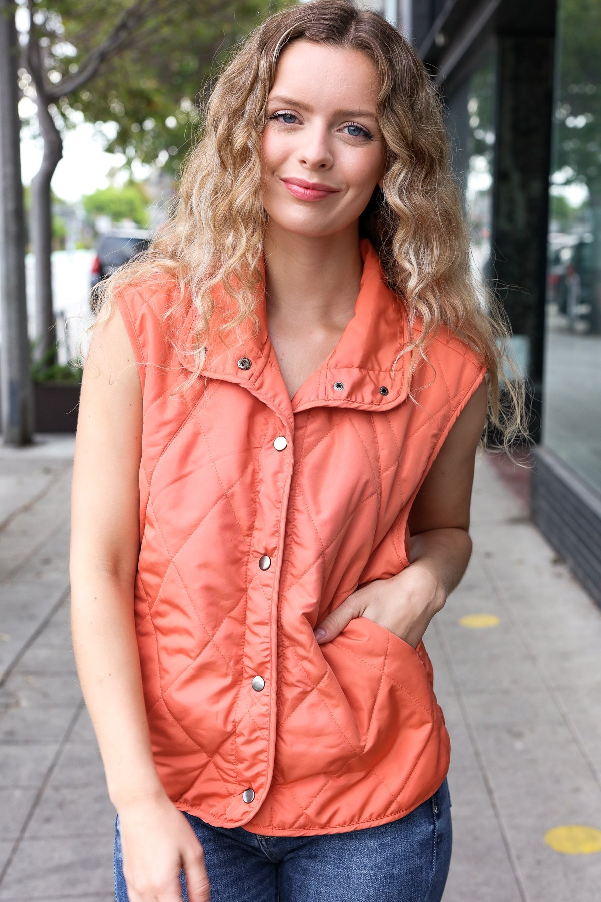 Haptics Weekend Ready Rust High Neck Snap Button Quilted Puffer Vest