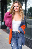 Haptics Dazzle In Magenta & Navy Chunky Knit Color Block Cardigan Haptics