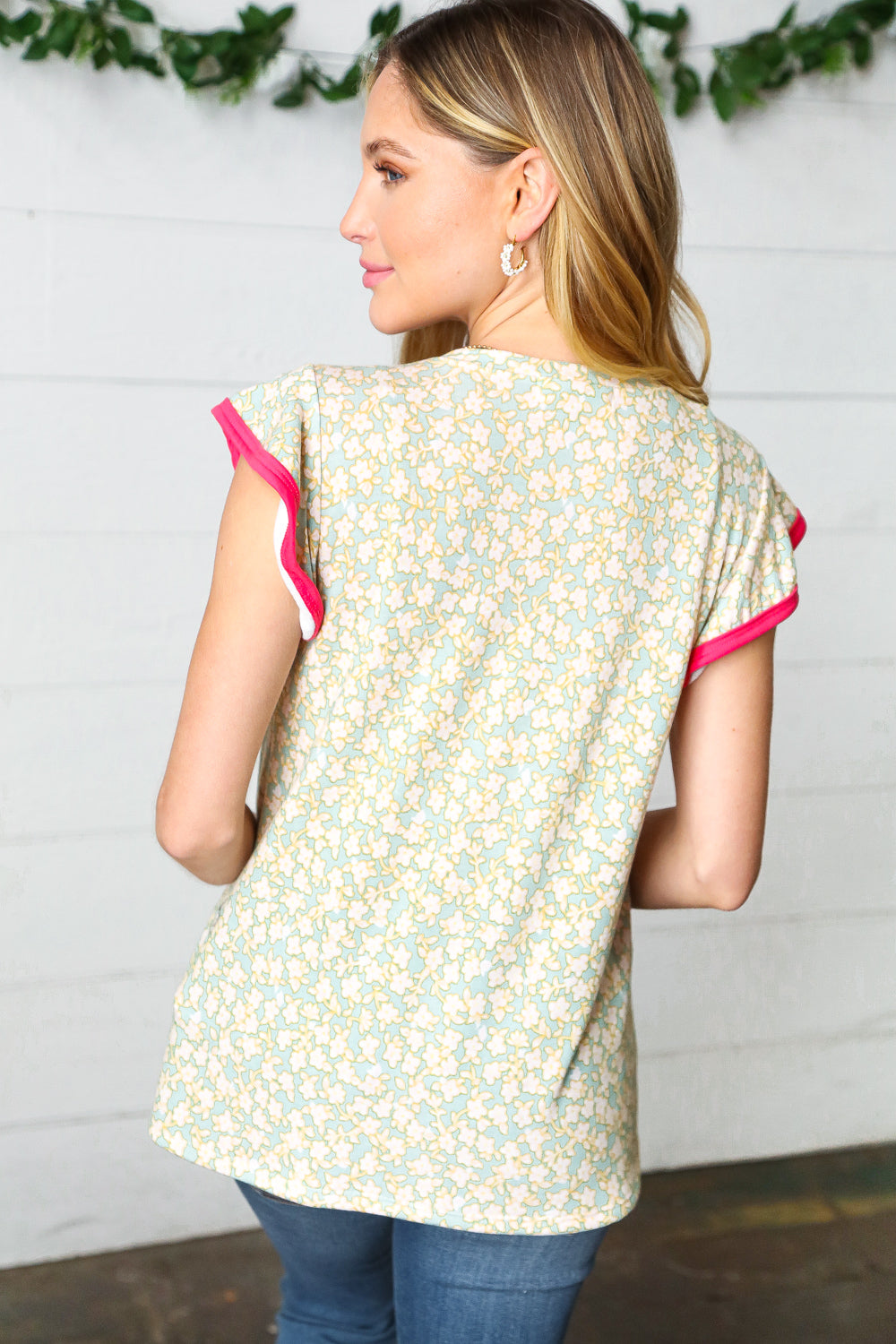 Haptics Mint Floral French Terry Ruffle Sleeve Top 07-01-25 Summer Sale