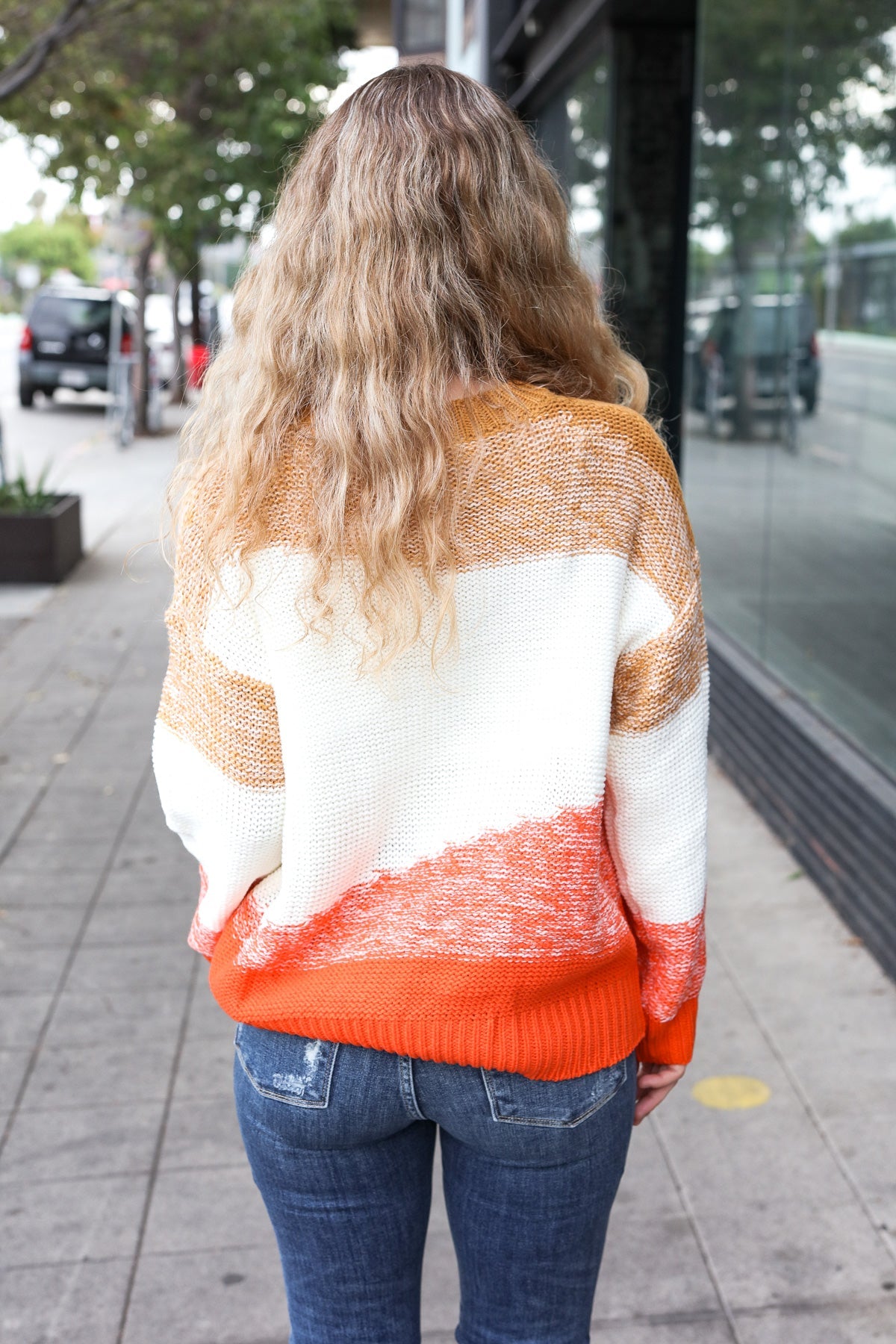 Haptics Adorable You Camel & Orange Color Block Sweater Haptics