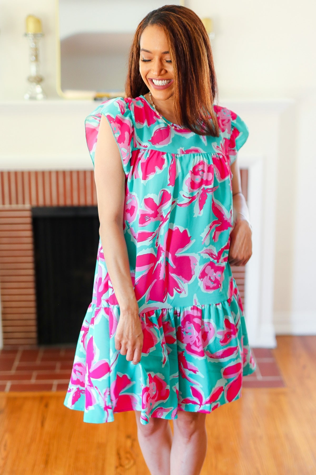 Haptics Diva Dreaming Aqua & Fuchsia Floral Print Tiered Ruffle Sleeve Dress Final Sale Haptics