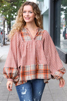 Haptics Under Your Spell Rust Plaid Color Block Notch Neck Top Haptics