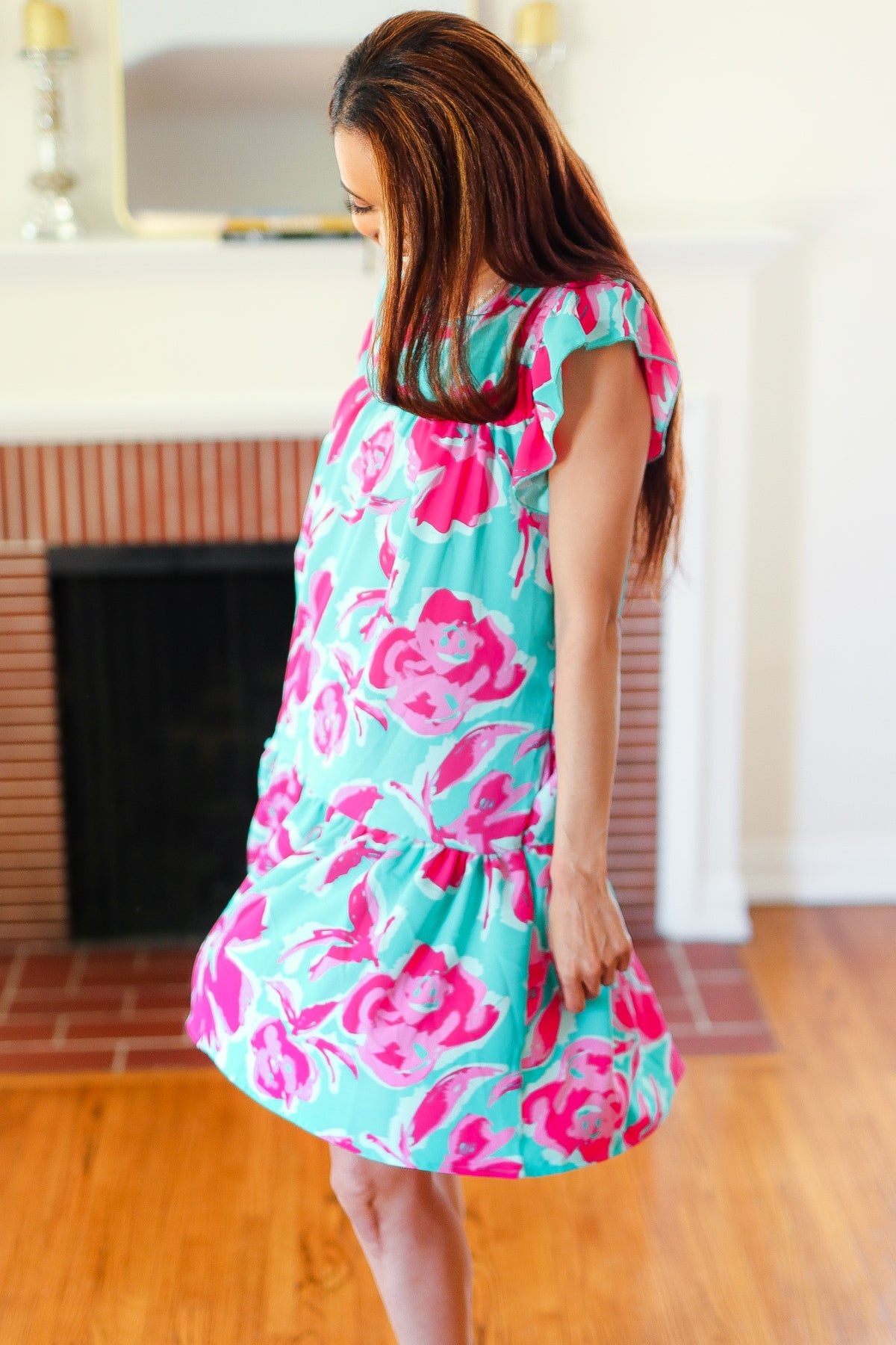 Haptics Diva Dreaming Aqua & Fuchsia Floral Print Tiered Ruffle Sleeve Dress Final Sale Haptics