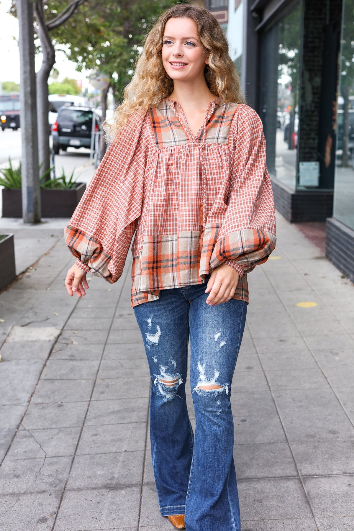 Haptics Under Your Spell Rust Plaid Color Block Notch Neck Top