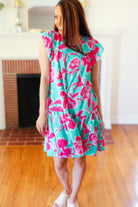 Haptics Diva Dreaming Aqua & Fuchsia Floral Print Tiered Ruffle Sleeve Dress Final Sale Haptics