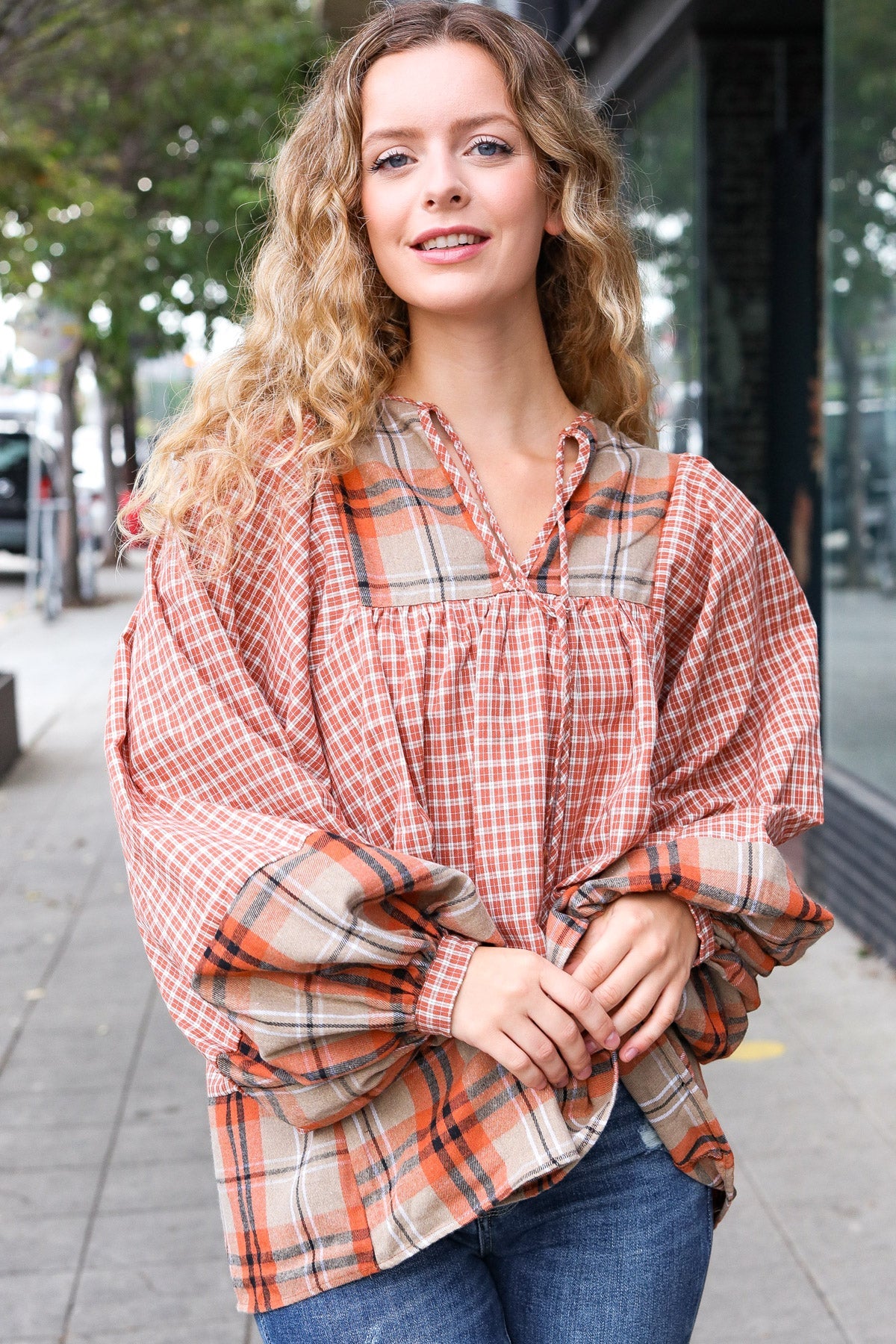 Haptics Under Your Spell Rust Plaid Color Block Notch Neck Top