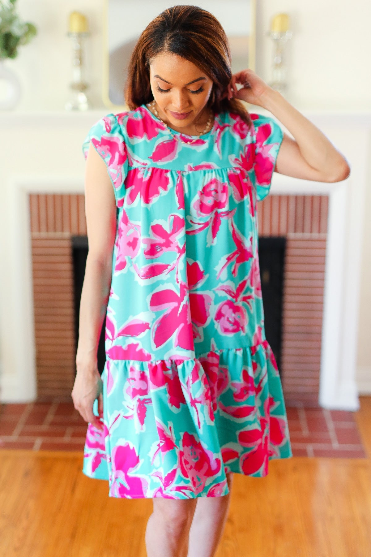 Haptics Diva Dreaming Aqua & Fuchsia Floral Print Tiered Ruffle Sleeve Dress Final Sale Haptics