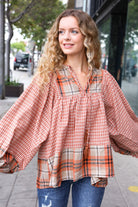 Haptics Under Your Spell Rust Plaid Color Block Notch Neck Top