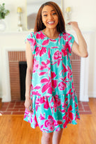 Haptics Diva Dreaming Aqua & Fuchsia Floral Print Tiered Ruffle Sleeve Dress Final Sale Haptics