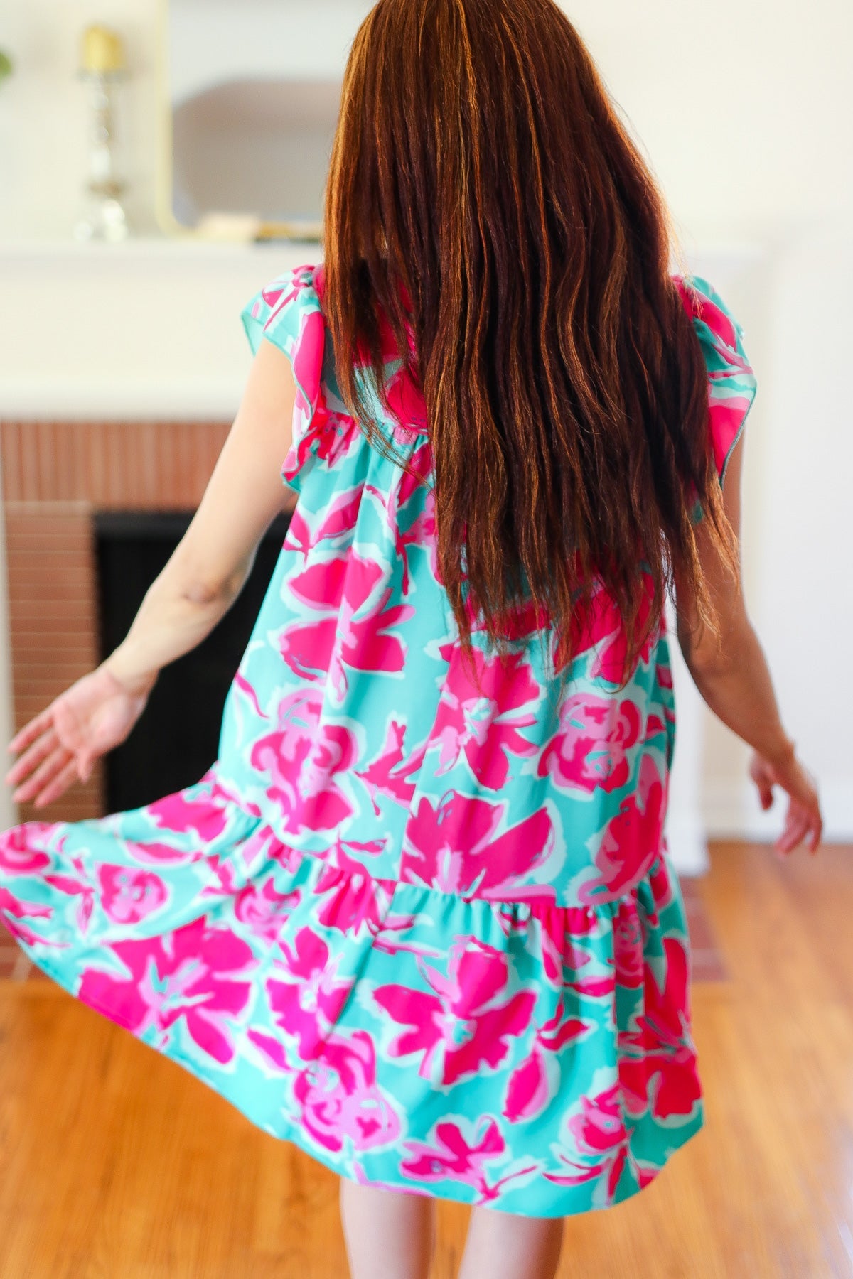 Haptics Diva Dreaming Aqua & Fuchsia Floral Print Tiered Ruffle Sleeve Dress Final Sale Haptics