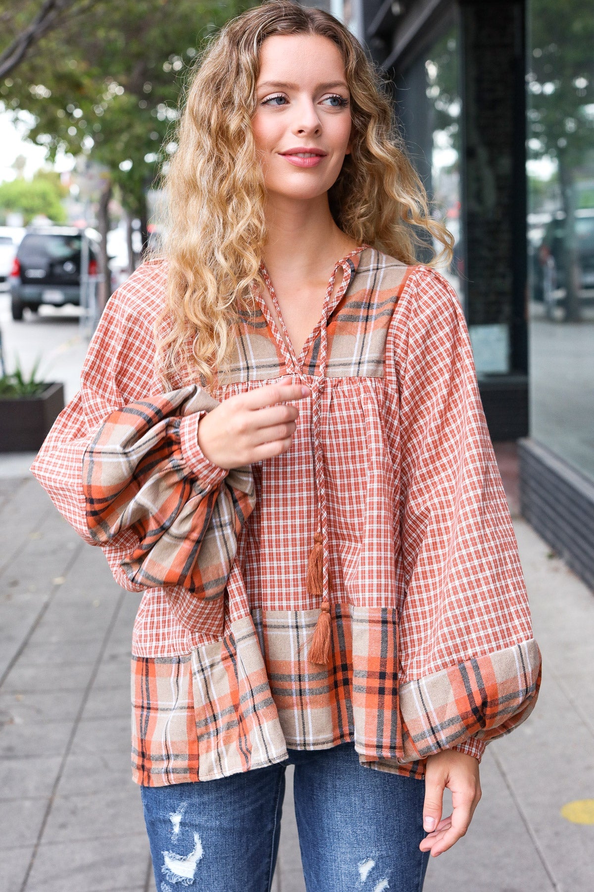 Haptics Under Your Spell Rust Plaid Color Block Notch Neck Top