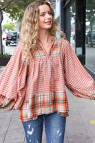 Haptics Under Your Spell Rust Plaid Color Block Notch Neck Top