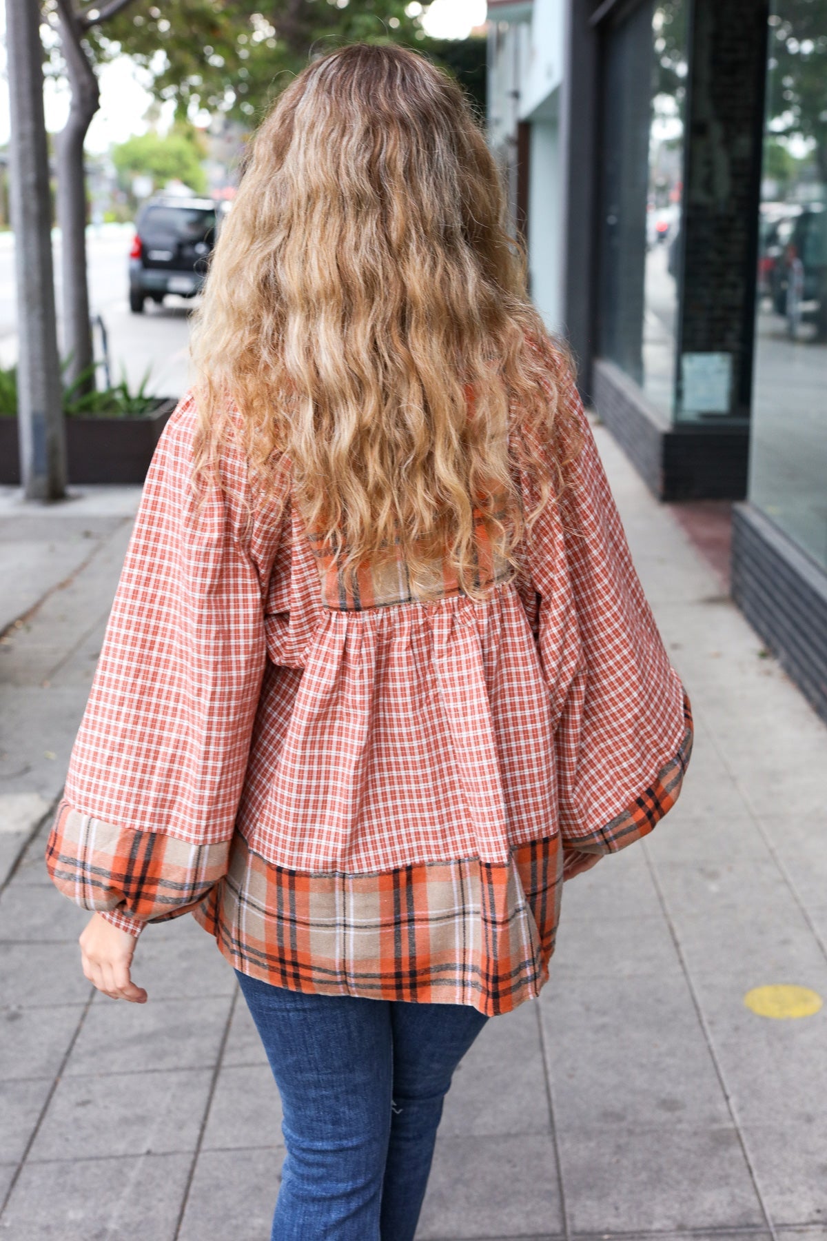 Haptics Under Your Spell Rust Plaid Color Block Notch Neck Top