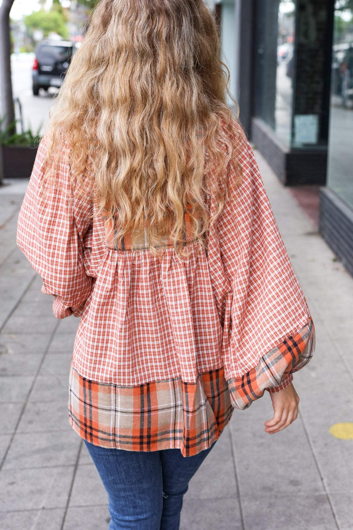 Haptics Under Your Spell Rust Plaid Color Block Notch Neck Top