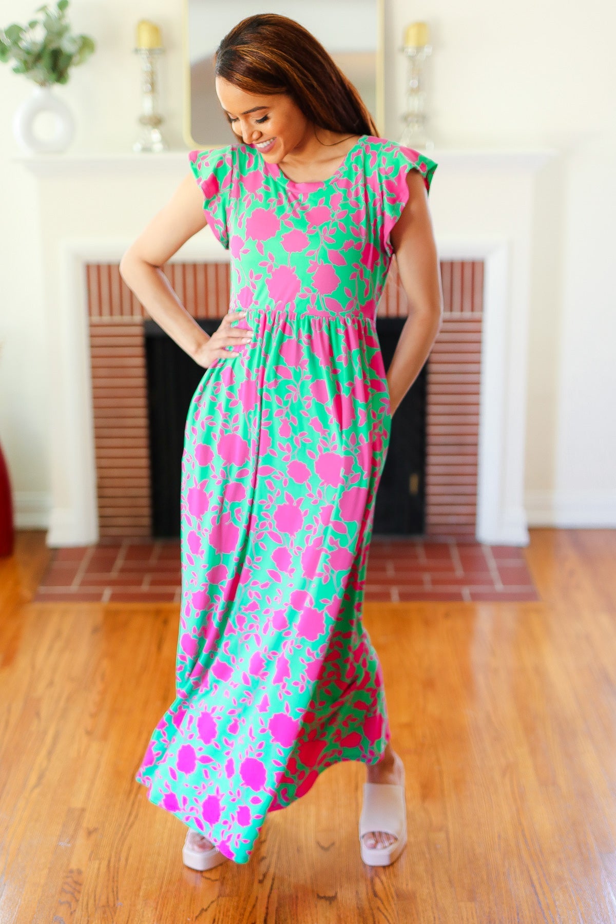 Haptics Stand Out Green & Fuchsia Floral Fit & Flare Maxi Dress Haptics