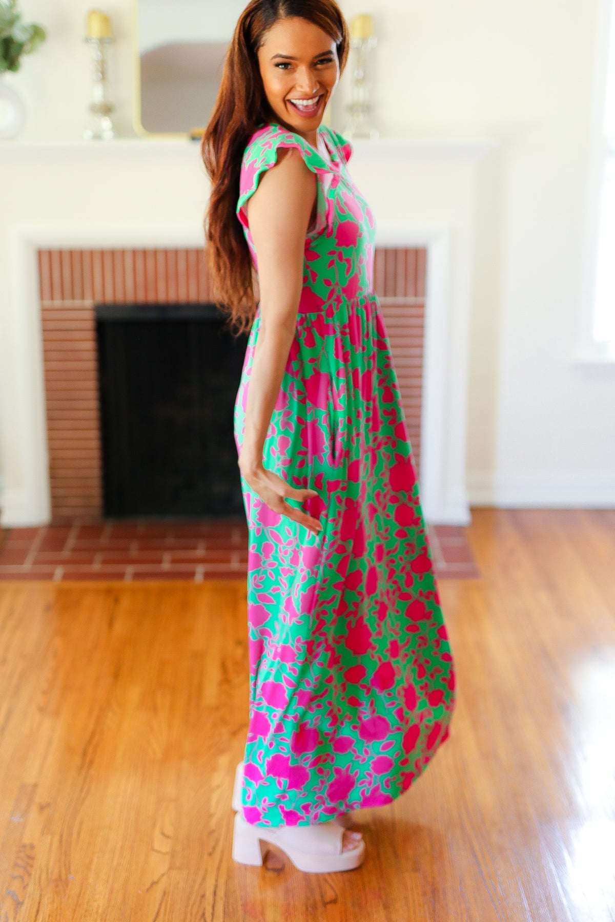 Haptics Stand Out Green & Fuchsia Floral Fit & Flare Maxi Dress Haptics