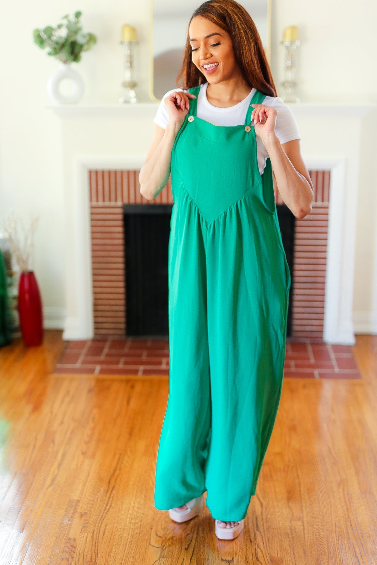 Haptics Summer Dreaming Emerald Wide Leg Suspender Overall Jumpsuit Haptics