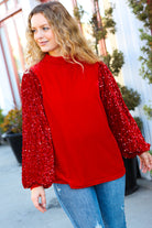 Haptics Red Velvet & Sequins Mock Neck Top Haptics