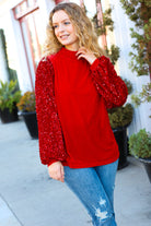 Haptics Red Velvet & Sequins Mock Neck Top Haptics